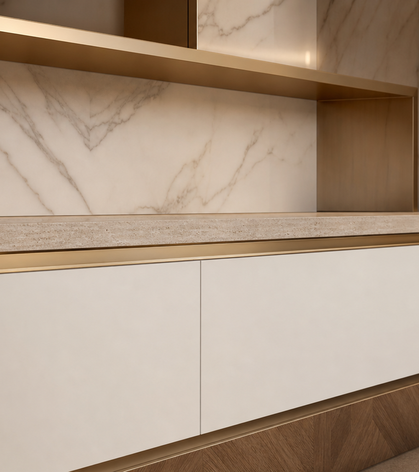 Fadior Veneto Living Room Suite with Shadowline Gallery Console — close-up of stainless steel finish and hardware detail