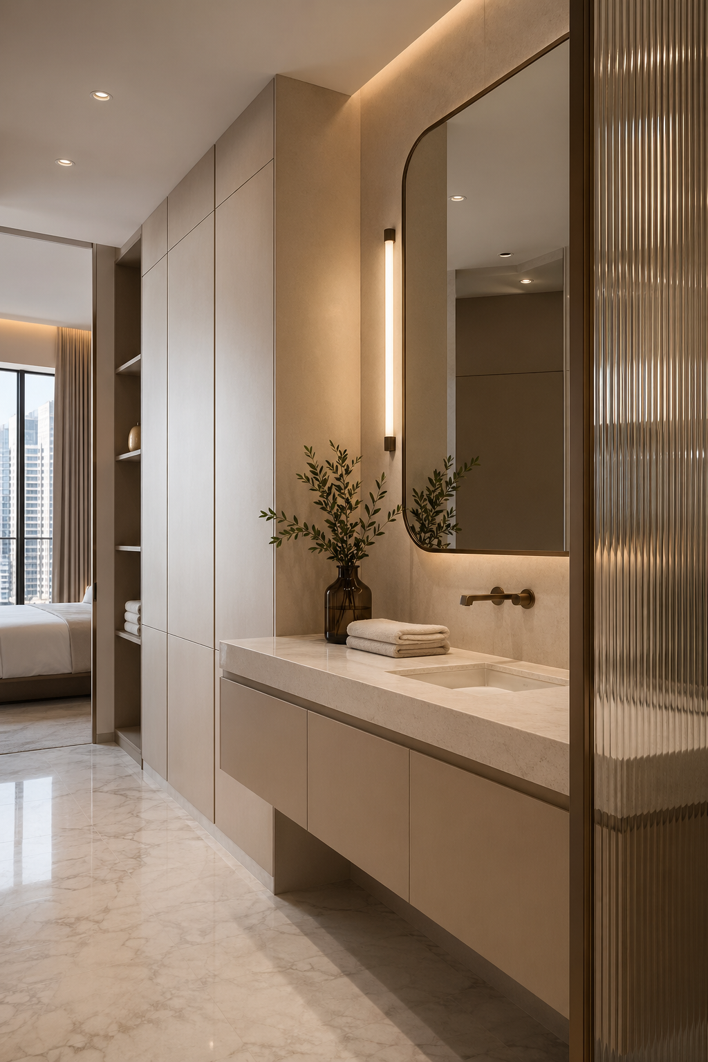 Fadior Dubai Compact Residence — vanity counter, wardrobe storage, mirror, glass divider