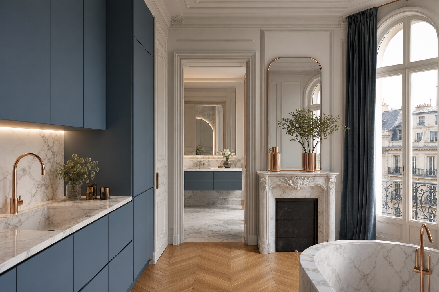 Fadior Geneva 650 sqm Kitchen Bath Villa — cabinet face, marble counter, fireplace, mirror, arched window