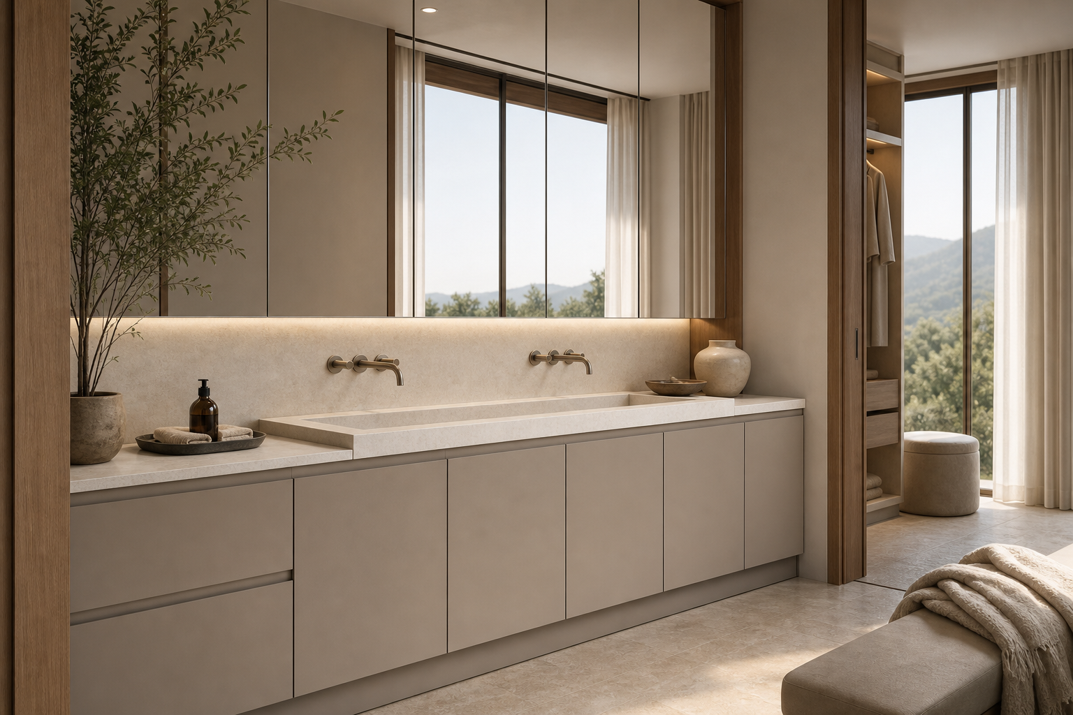 Fadior Solstice Bath and Vanity Suite with Warm Grey Basin Niche — lifestyle setting with natural light and residential