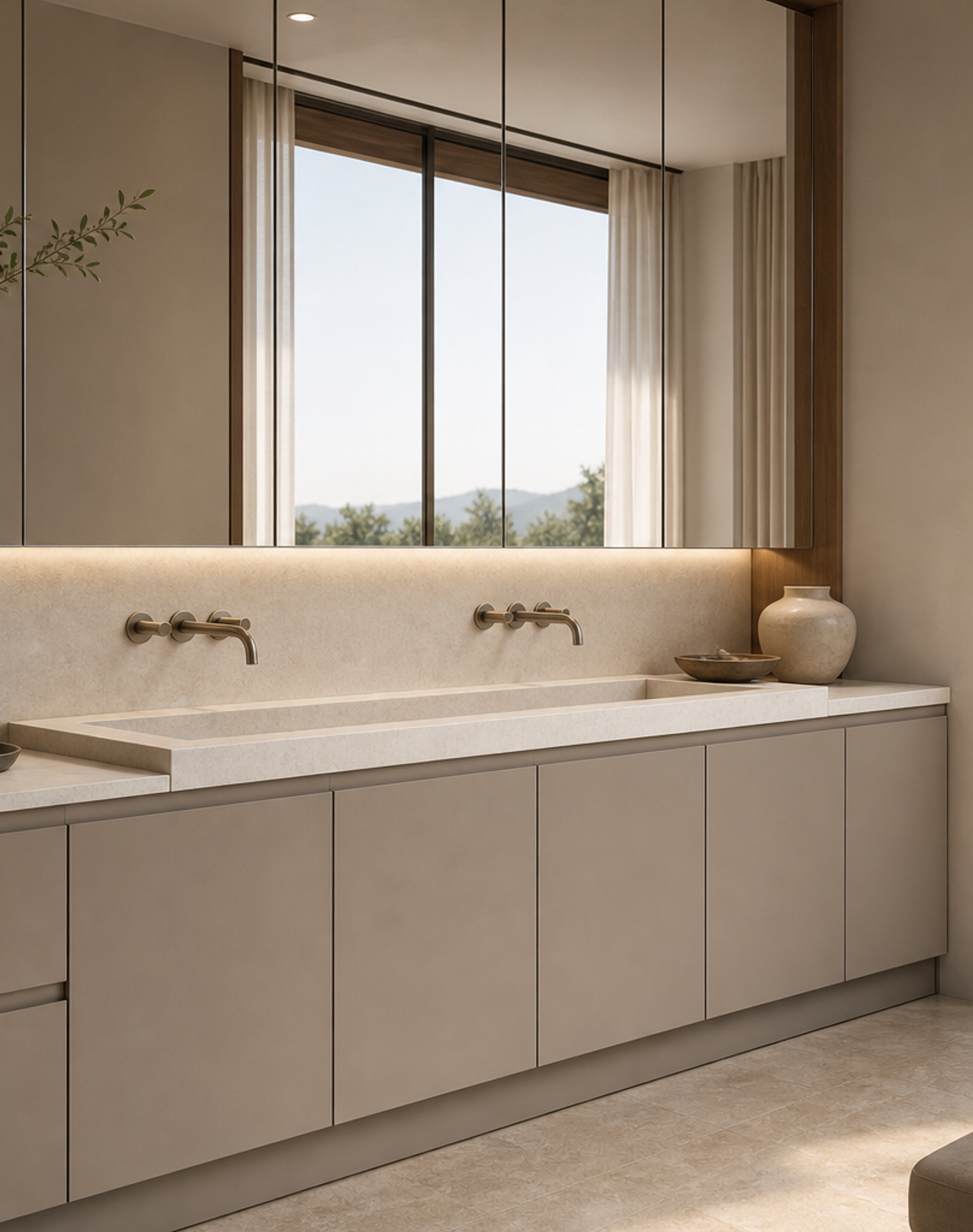 Fadior Solstice Bath and Vanity Suite with Warm Grey Basin Niche — lifestyle setting with natural light and residential