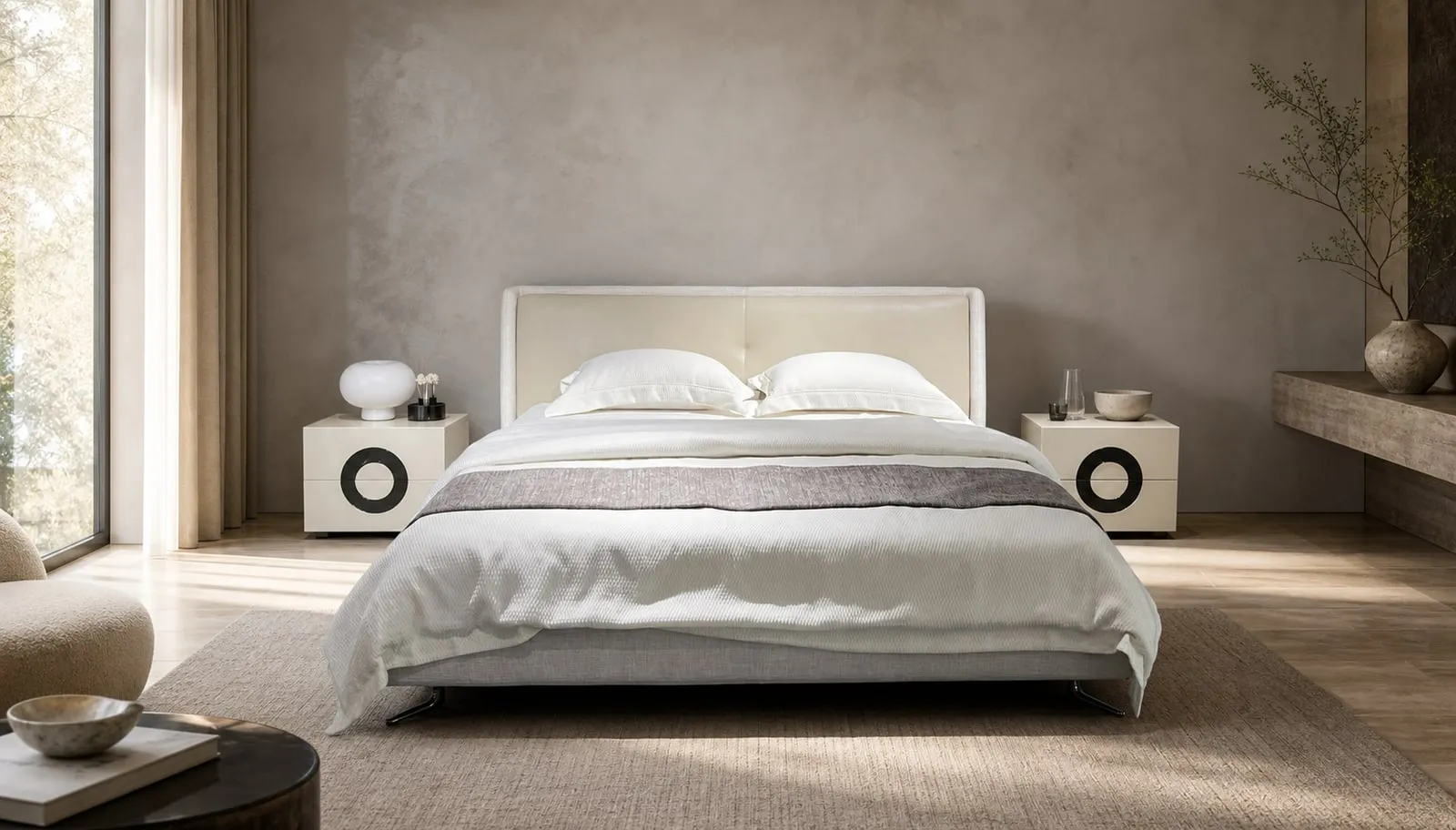 Leather and Fabric Upholstered Bed