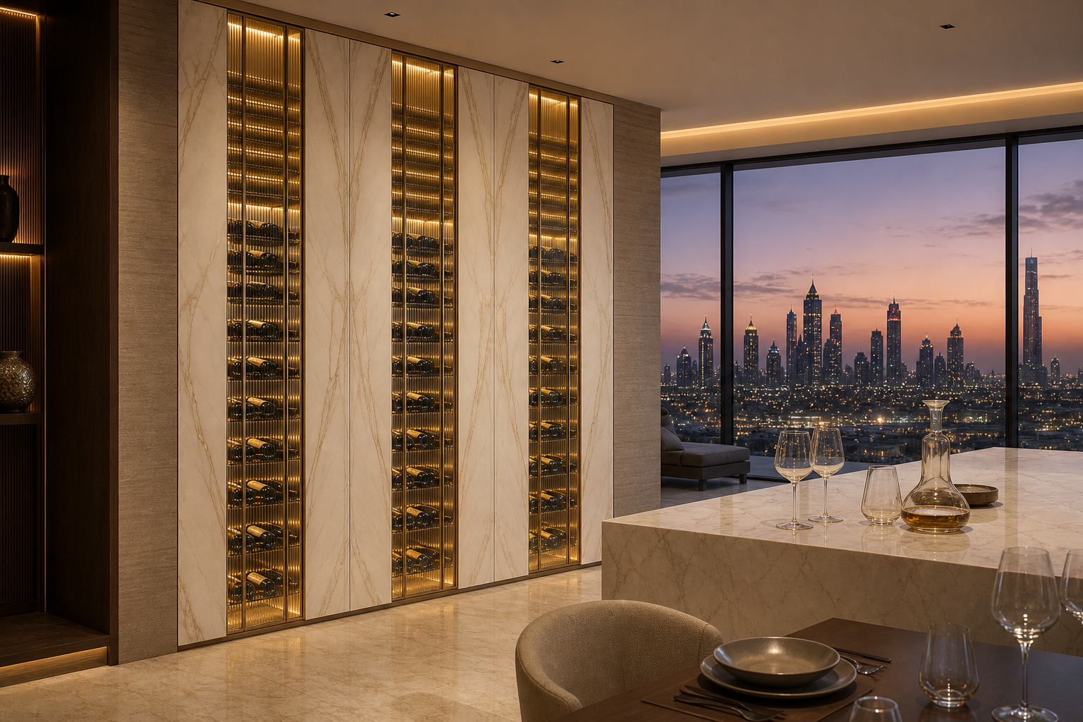 Fadior Cru Wine Cabinet Suite with Reeded Bottle Spine — lifestyle setting with natural light and residential styling