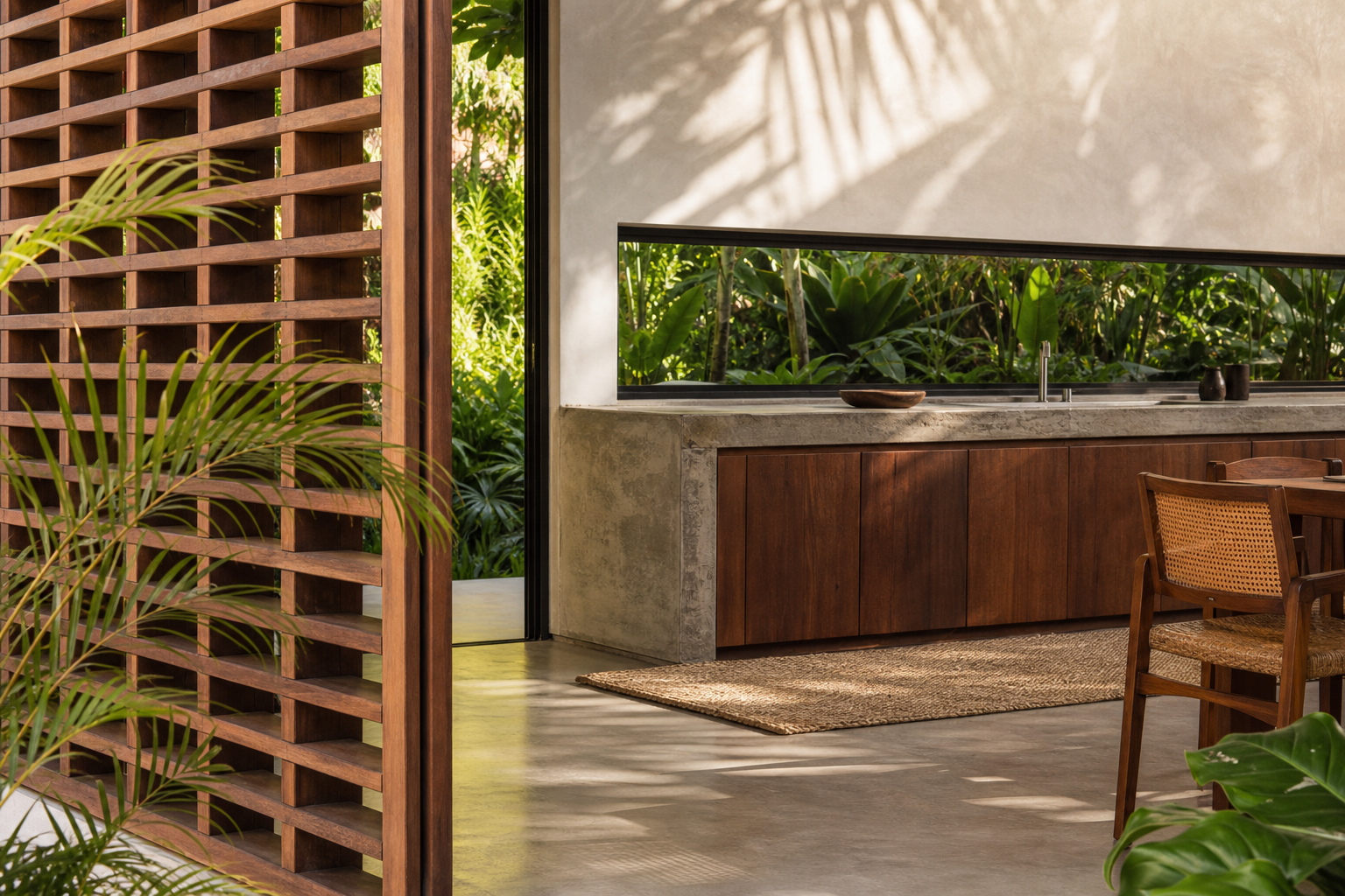 Fadior Lisbon 400 sqm Kitchen Villa — concrete counter, wood cabinet, plaster wall, garden window