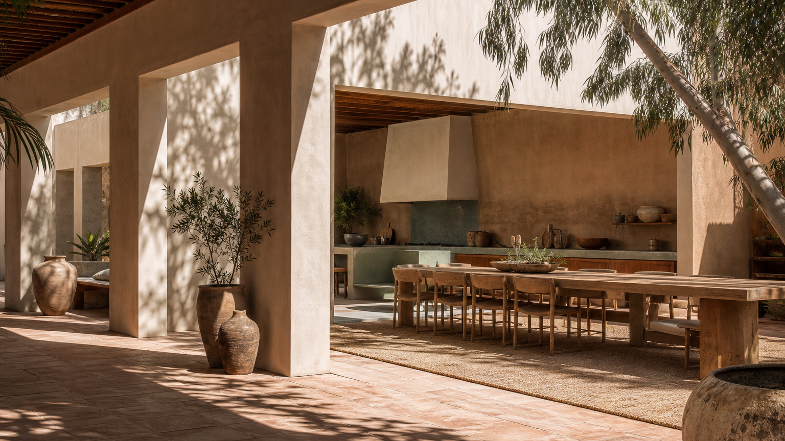 Sunbleached courtyard kitchen atmosphere showing a calm cabinet material comparison.