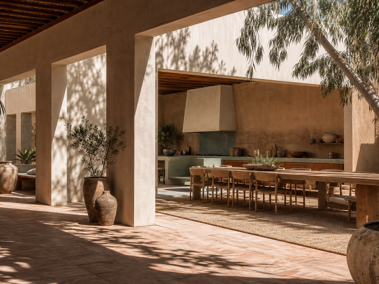 Sunbleached courtyard kitchen atmosphere showing a calm cabinet material comparison. — 304 stainless steel cabinetry editorial by Fadior