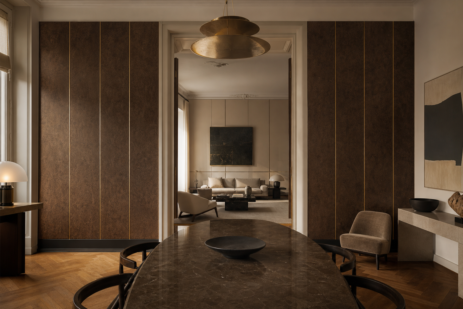 Fadior Miroir Wall Panel Suite with Rationalist Feature Wall — lifestyle setting with natural light and residential styling