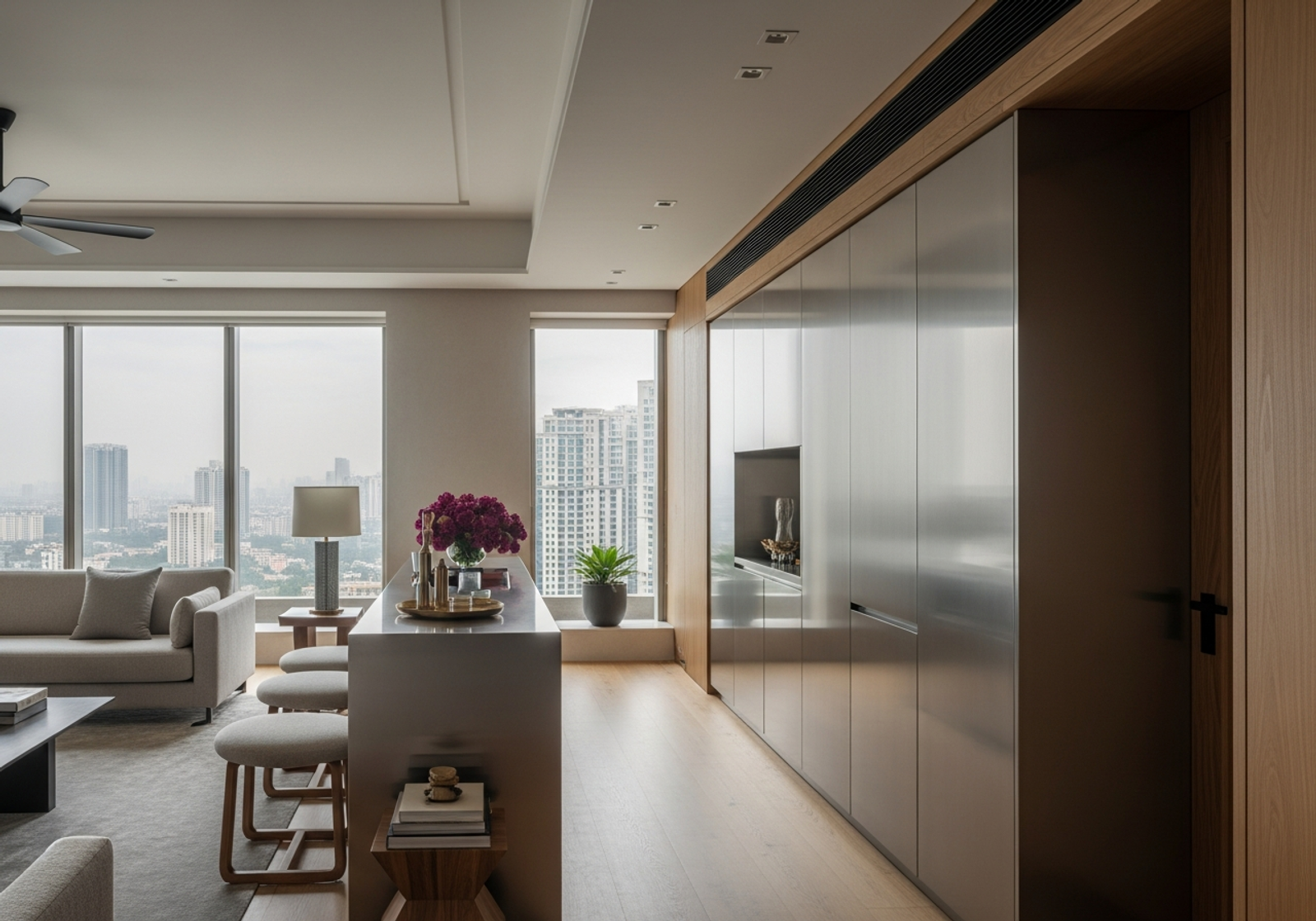 Fadior Mumbai Sea Link Penthouse — living space with panoramic city view