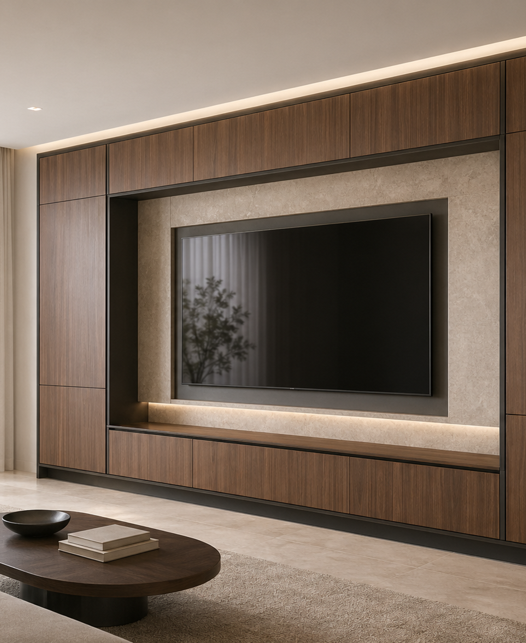 Fadior Galleria Living Room Suite with Walnut Shadow Media Wall — 304 stainless steel living room system, front view