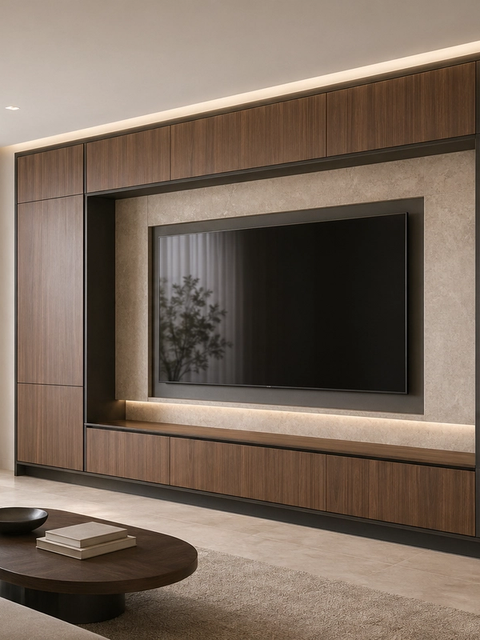 Fadior Galleria Living Room Suite with Walnut Shadow Media Wall — 304 stainless steel living room system, front view