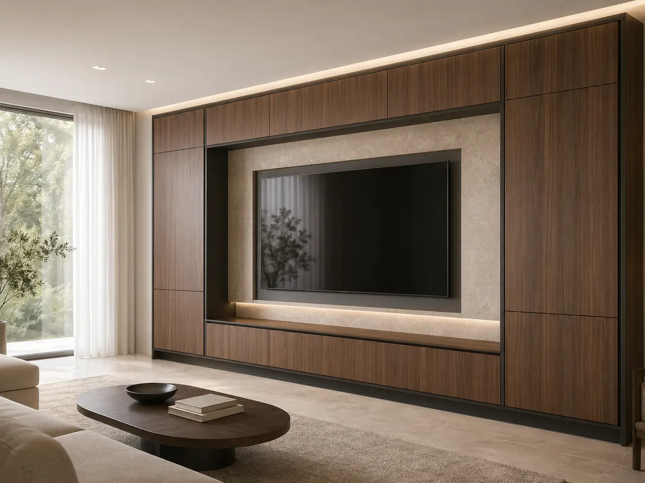 Fadior Galleria Living Room Suite with Walnut Shadow Media Wall - stainless steel living room cabinetry with media storage, display shelving, concealed devices, and residential finishes