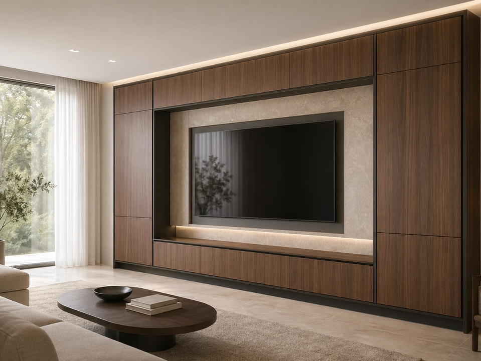 Fadior Galleria Living Room Suite with Walnut Shadow Media Wall — 304 stainless steel living room system, front view