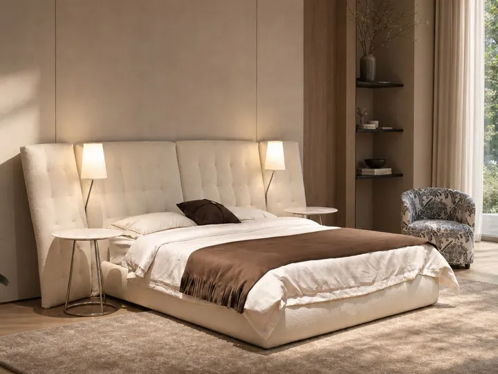 Cama de Tela con Paneles en Ala y Acolchado en Cuadrícula