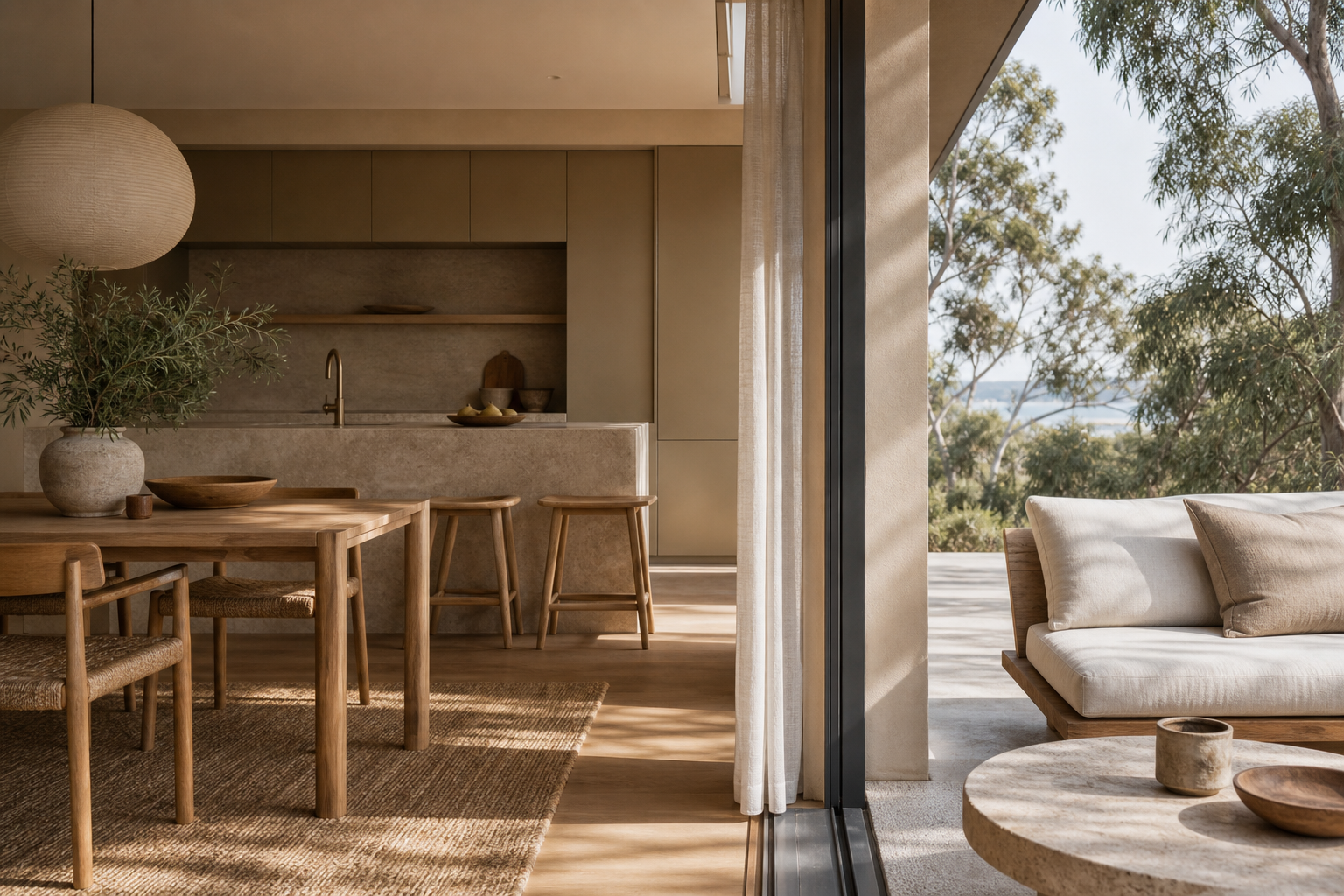 Fadior A Kitchen that Remembers: Marrying Australian Stainless Steel Craftsmanship with Minimalist Japanese Design — kitchen terrace, champagne cabinets, oak dining table, linen curtain, stone island, eucalyptus view