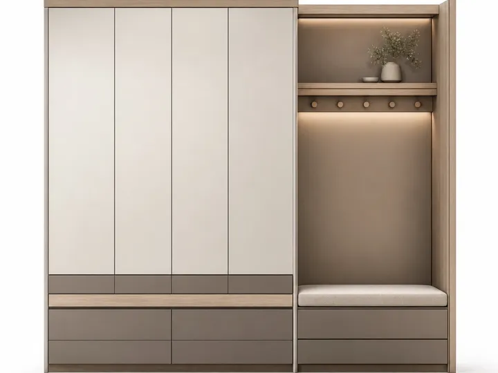 Fadior Voyage Wardrobe Suite with Harbor Bench Armoire — 304 stainless steel wardrobe system, front view