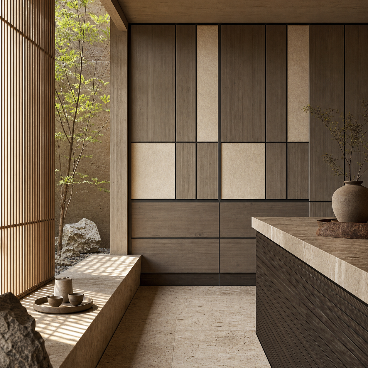Fadior Terrazzo Wall Panel Suite with Frameless Gallery Datum Wall — lifestyle setting with natural light and residential styling