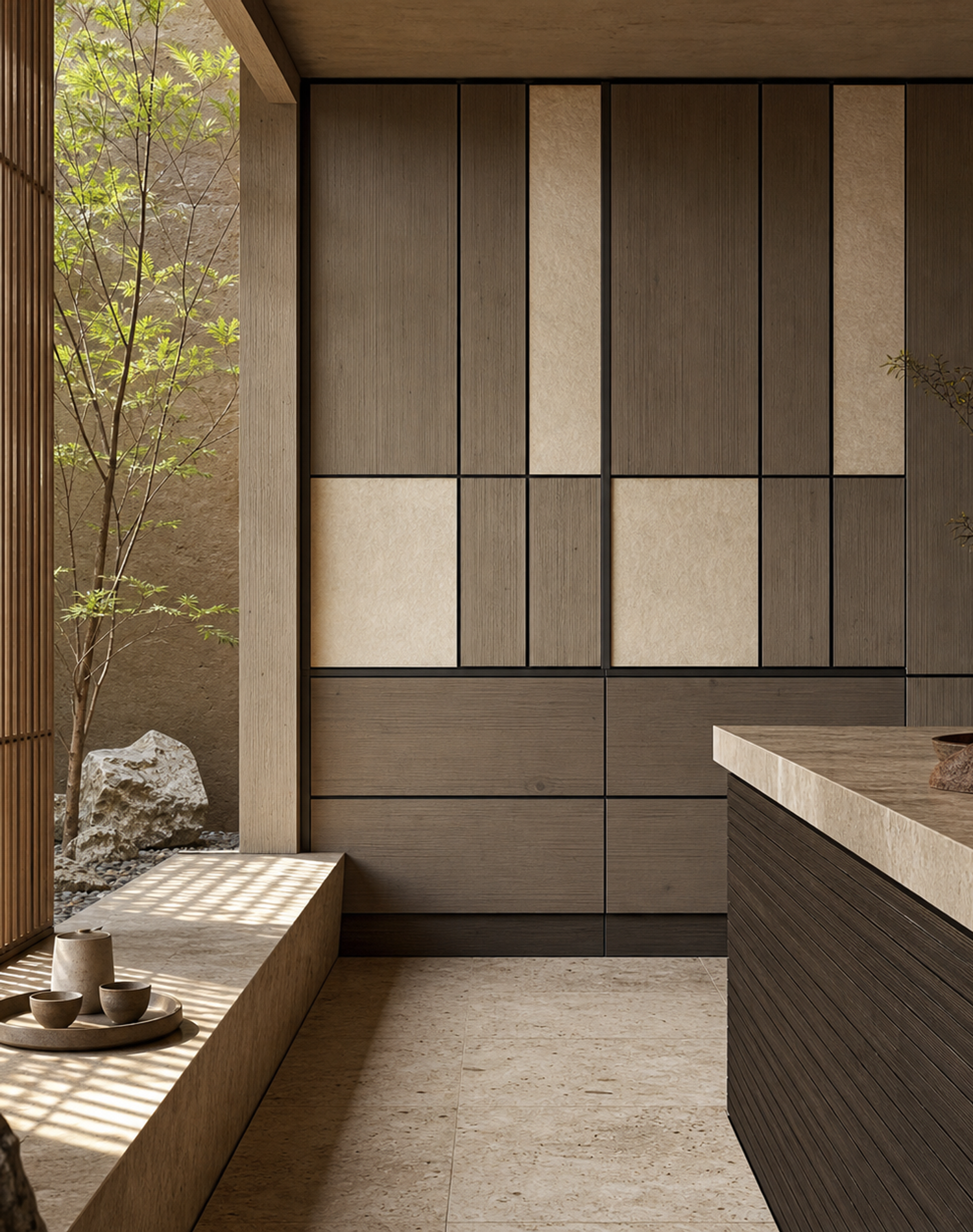 Fadior Terrazzo Wall Panel Suite with Frameless Gallery Datum Wall — lifestyle setting with natural light and residential styling