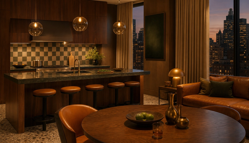 New York kitchen atmosphere with walnut panels, cognac seating, and performance planning context. — 304 stainless steel cabinetry editorial by Fadior