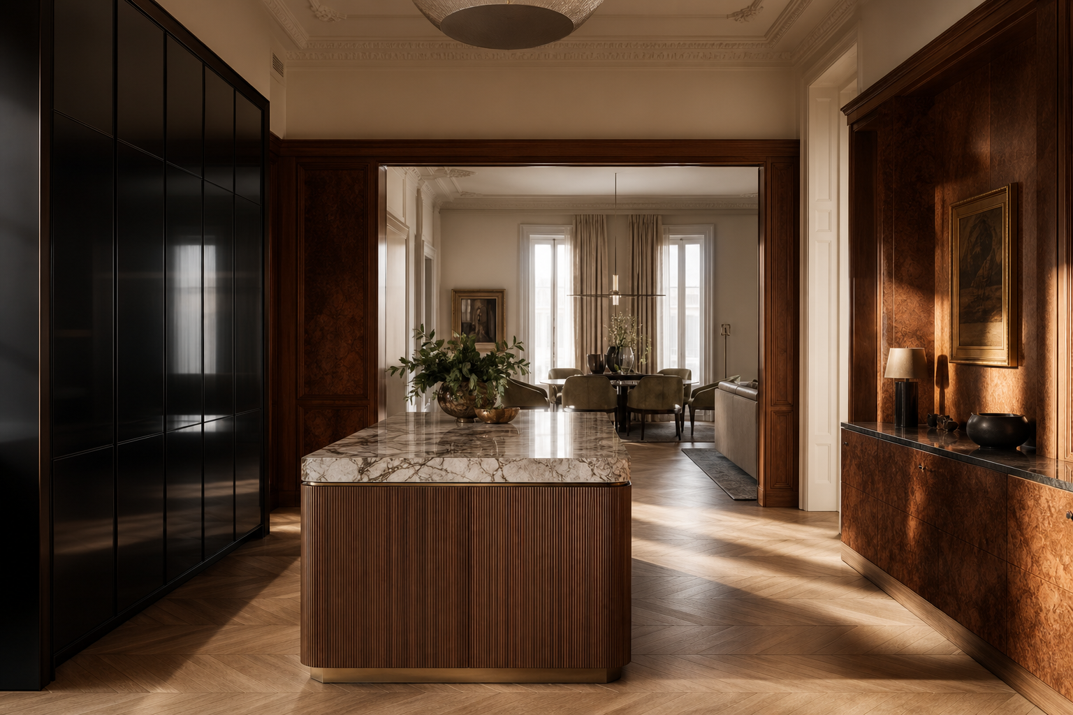 Fadior Meridian Ribbed Hosting Island — interior room context showing cabinet integration