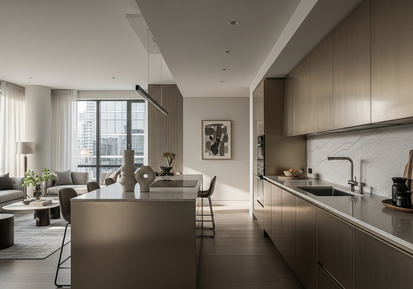 Fadior Toronto Yorkville Apartment — open-plan living and kitchen integration