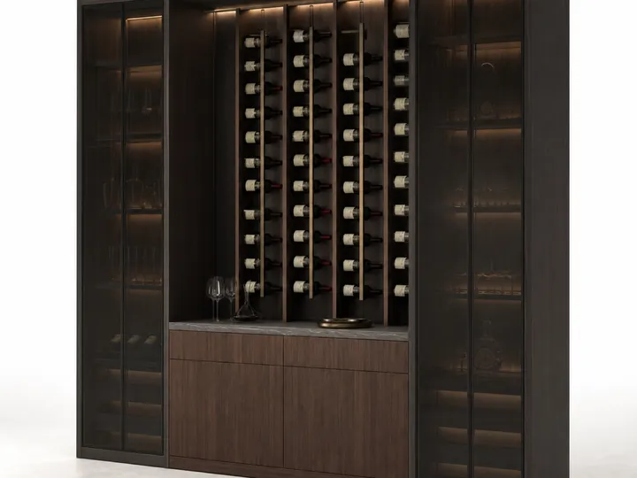 Fadior Grotto Wine Cabinet Suite with Vertical Bottle Gallery Bar — 304 stainless steel wine cabinet system, front view