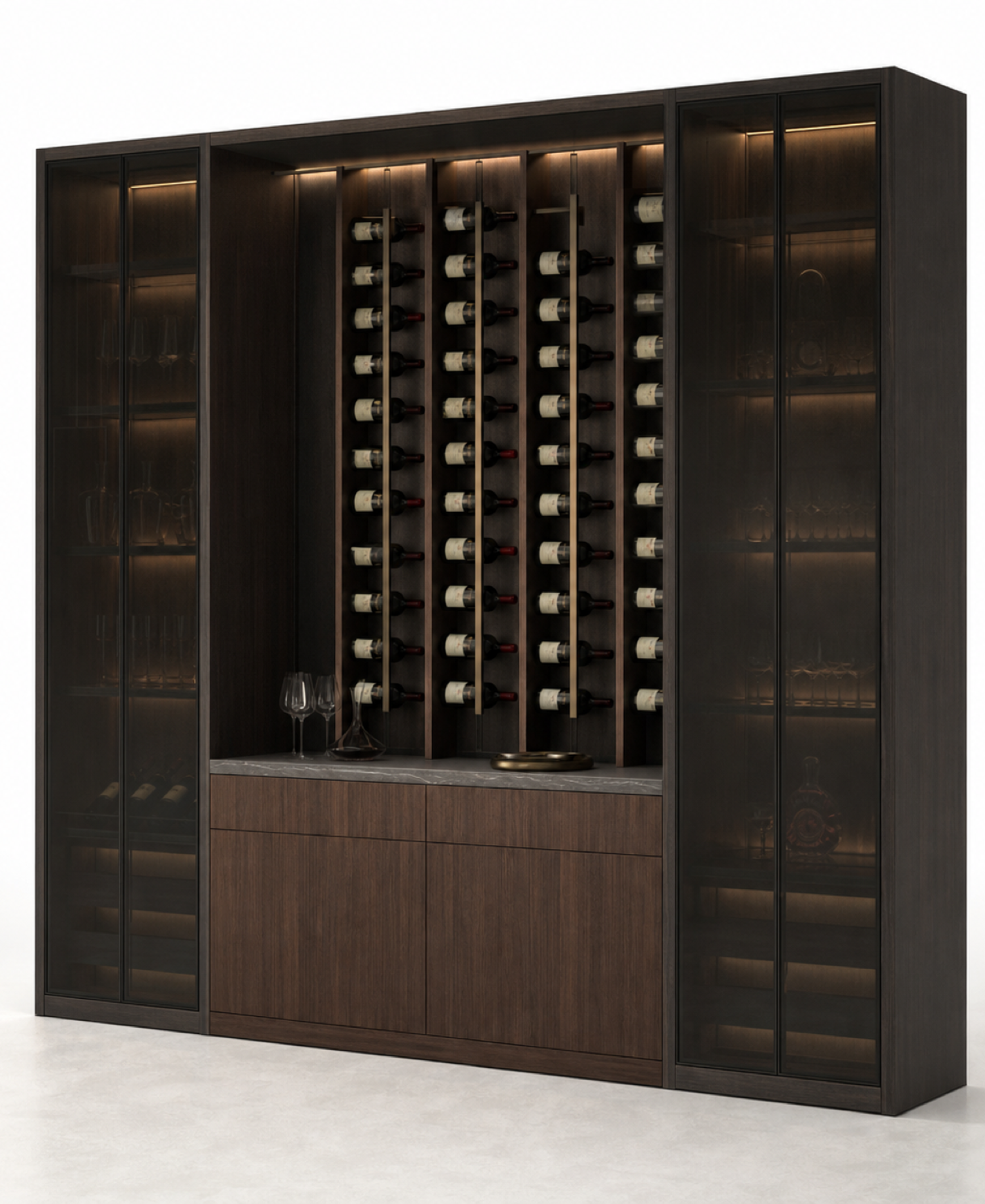 Fadior Grotto Wine Cabinet Suite with Vertical Bottle Gallery Bar — 304 stainless steel wine cabinet system, front view