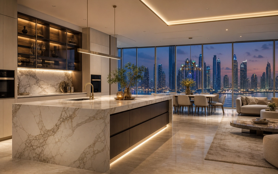 Fadior Dubai 280 sqm Kitchen Penthouse — Dubai penthouse kitchen with marble island, glass cabinet wall, dining table, sofa, — 304 stainless steel cabinetry installation by Fadior