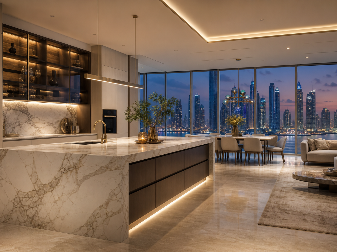 Fadior Dubai 280 sqm Kitchen Penthouse — Dubai penthouse kitchen with marble island, glass cabinet wall, dining table, sofa, — 304 stainless steel cabinetry installation by Fadior