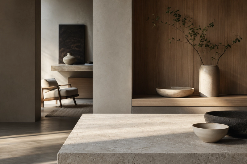 Material mood study: pale stone, warm gray cabinet planes, oak grain, and soft side light for a warm minimalist design story.