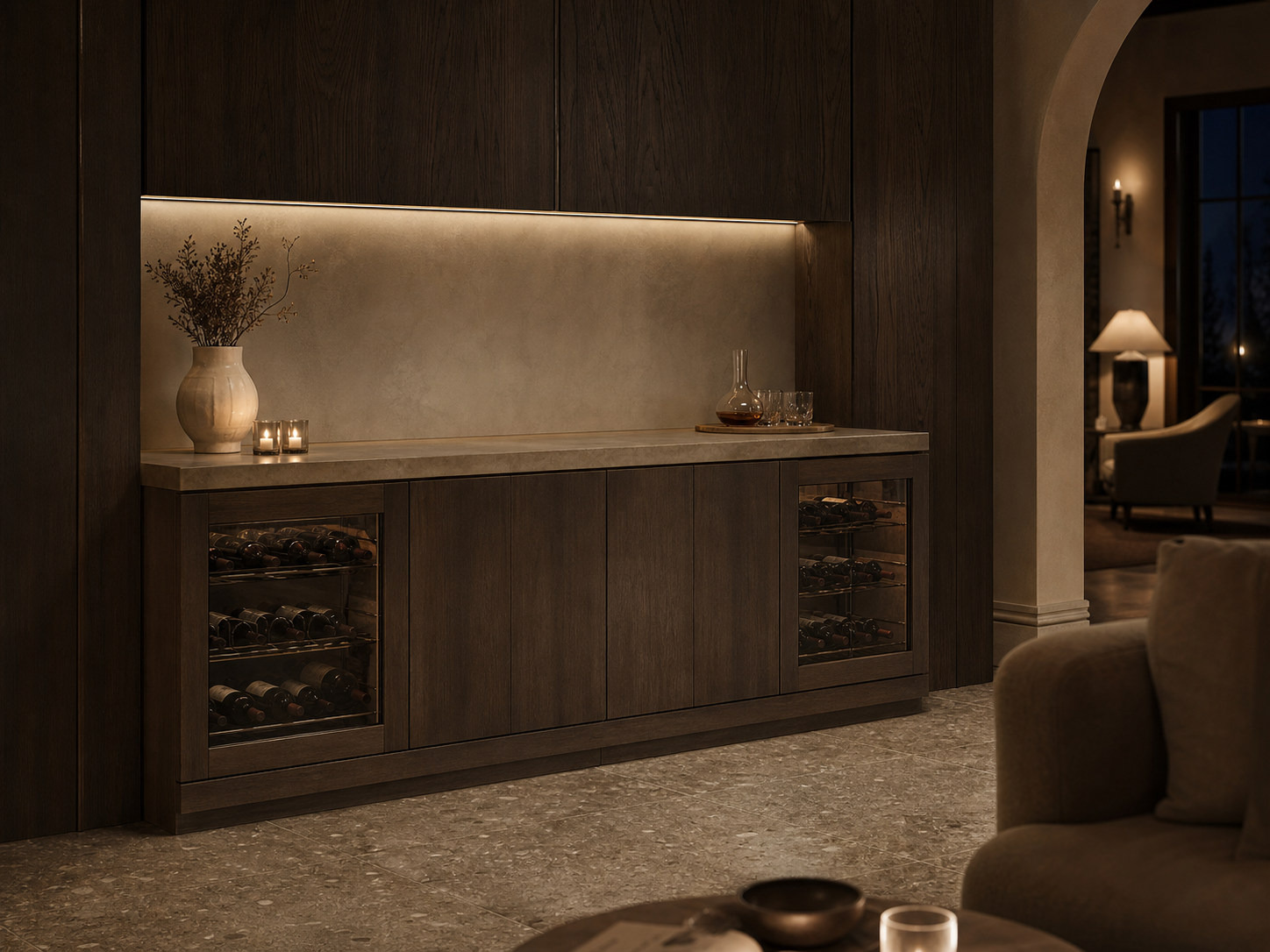 Fadior Cru Wine Cabinet Suite with Silk Honed Tasting Credenza — interior room context showing cabinet integration