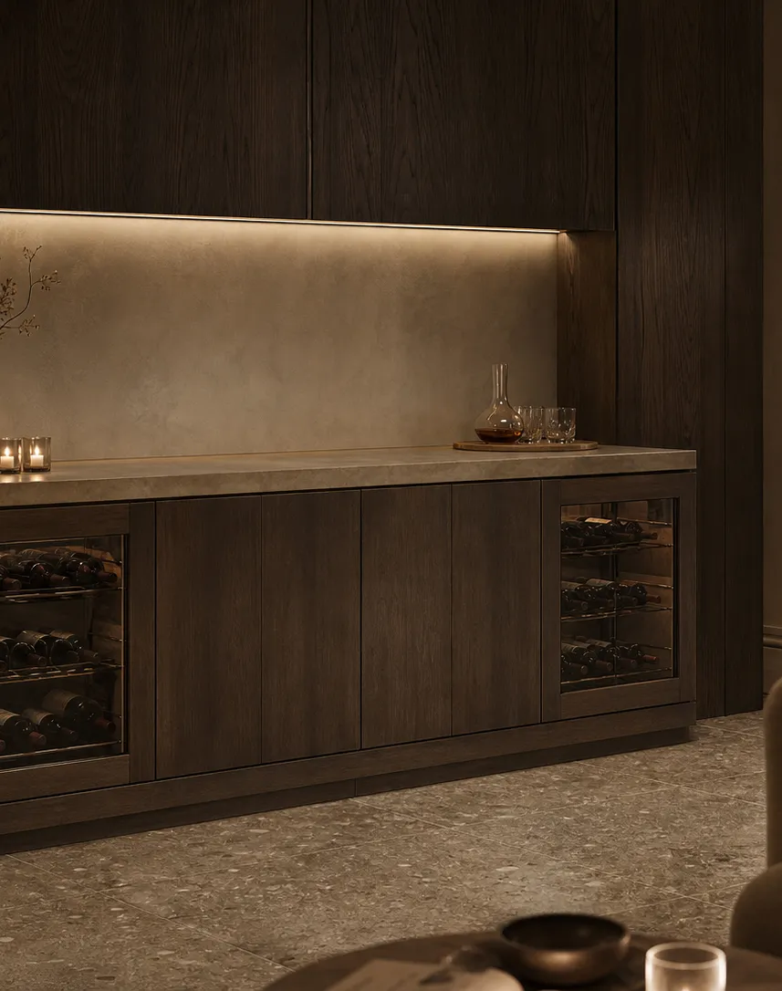 Suite de Armario de Vinos Cru con Credenza de Cata Silk Honed perspectiva interior