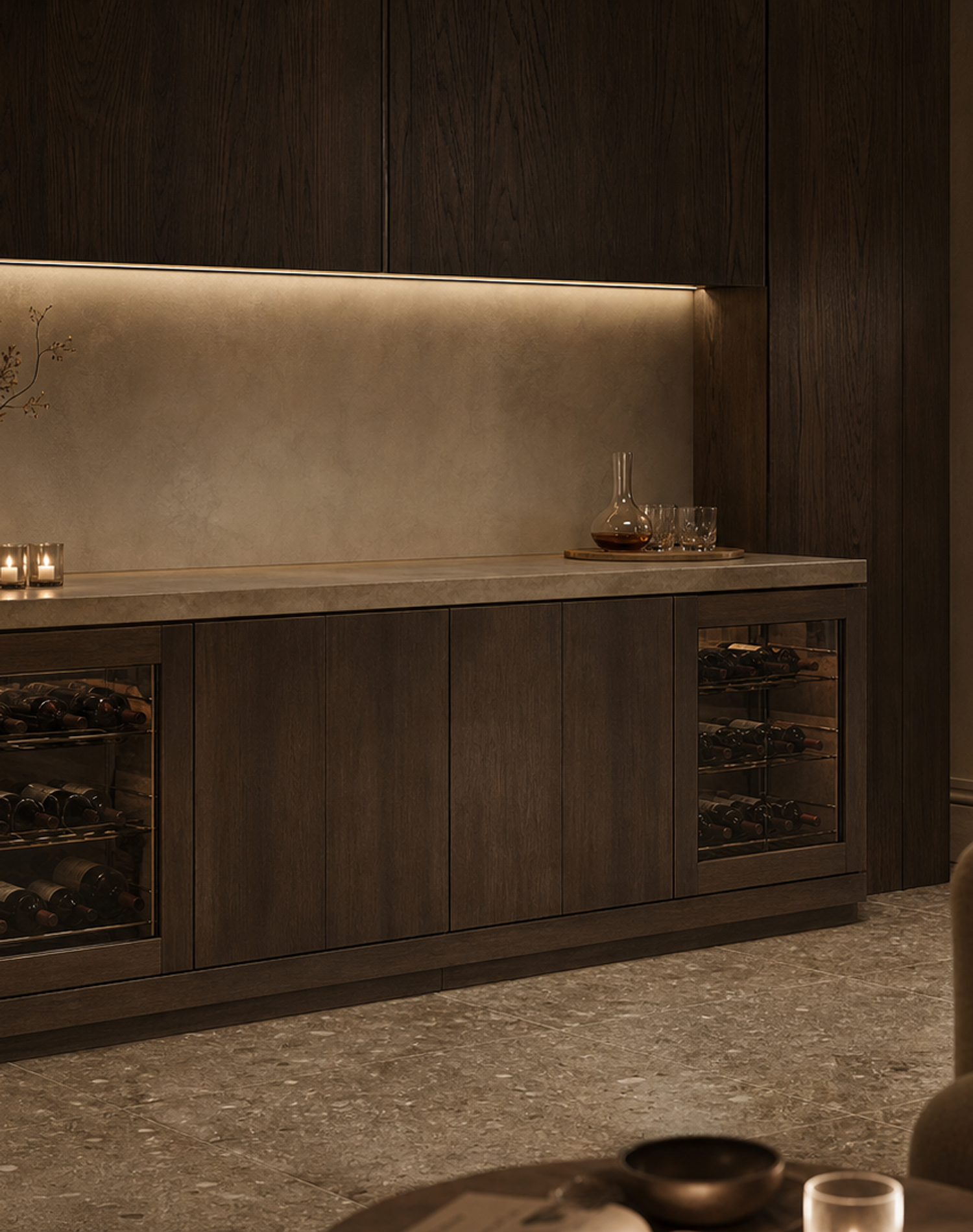 Fadior Cru Wine Cabinet Suite with Silk Honed Tasting Credenza — interior room context showing cabinet integration