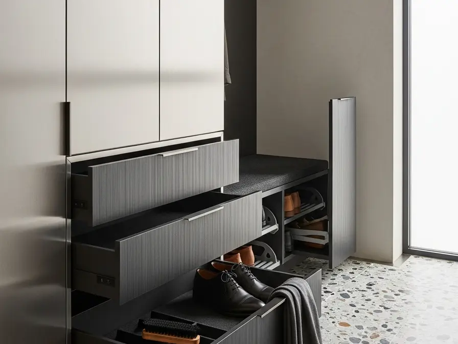 Fadior Archetype Entryway Suite - stainless steel entryway storage with shoe cabinet, bench seating, coat storage, console zone, and warm finishes