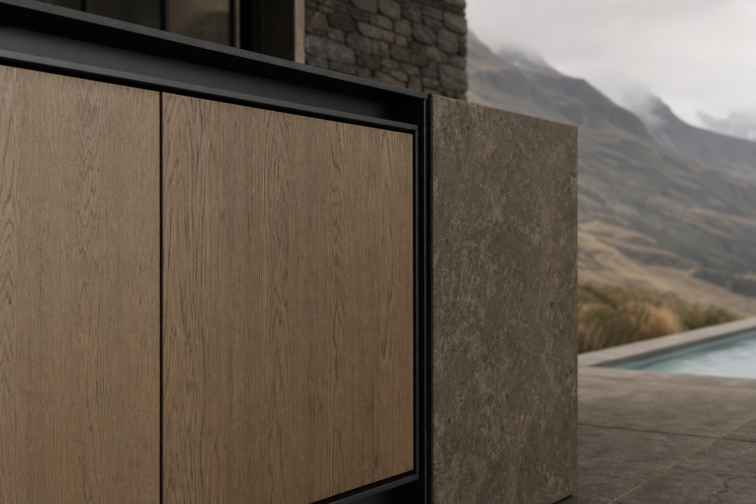 Fadior Meridian Kitchen Suite with Handleless Timber Service Run — close-up of stainless steel finish and hardware detail