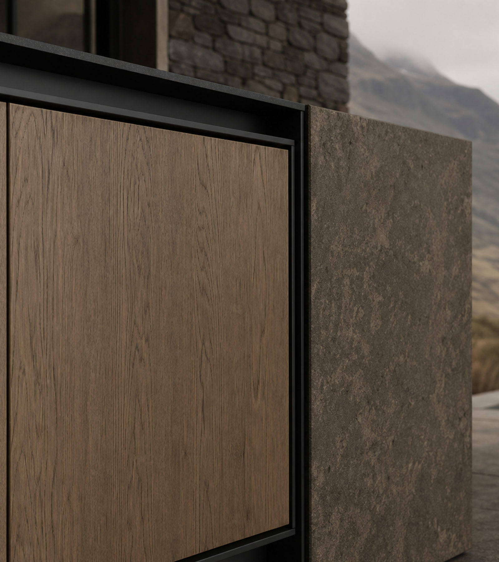 Fadior Meridian Kitchen Suite with Handleless Timber Service Run — close-up of stainless steel finish and hardware detail