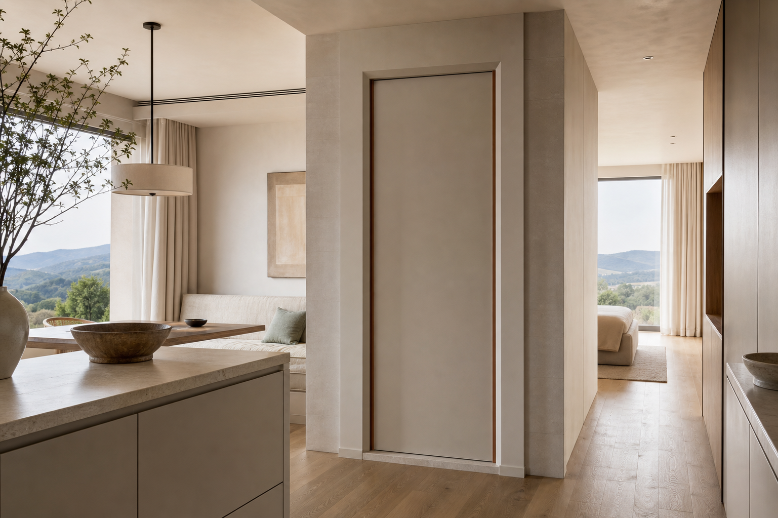 Fadior Alabaster Interior Door Suite with Chamfered Jamb Gallery Door — interior room context showing cabinet integration
