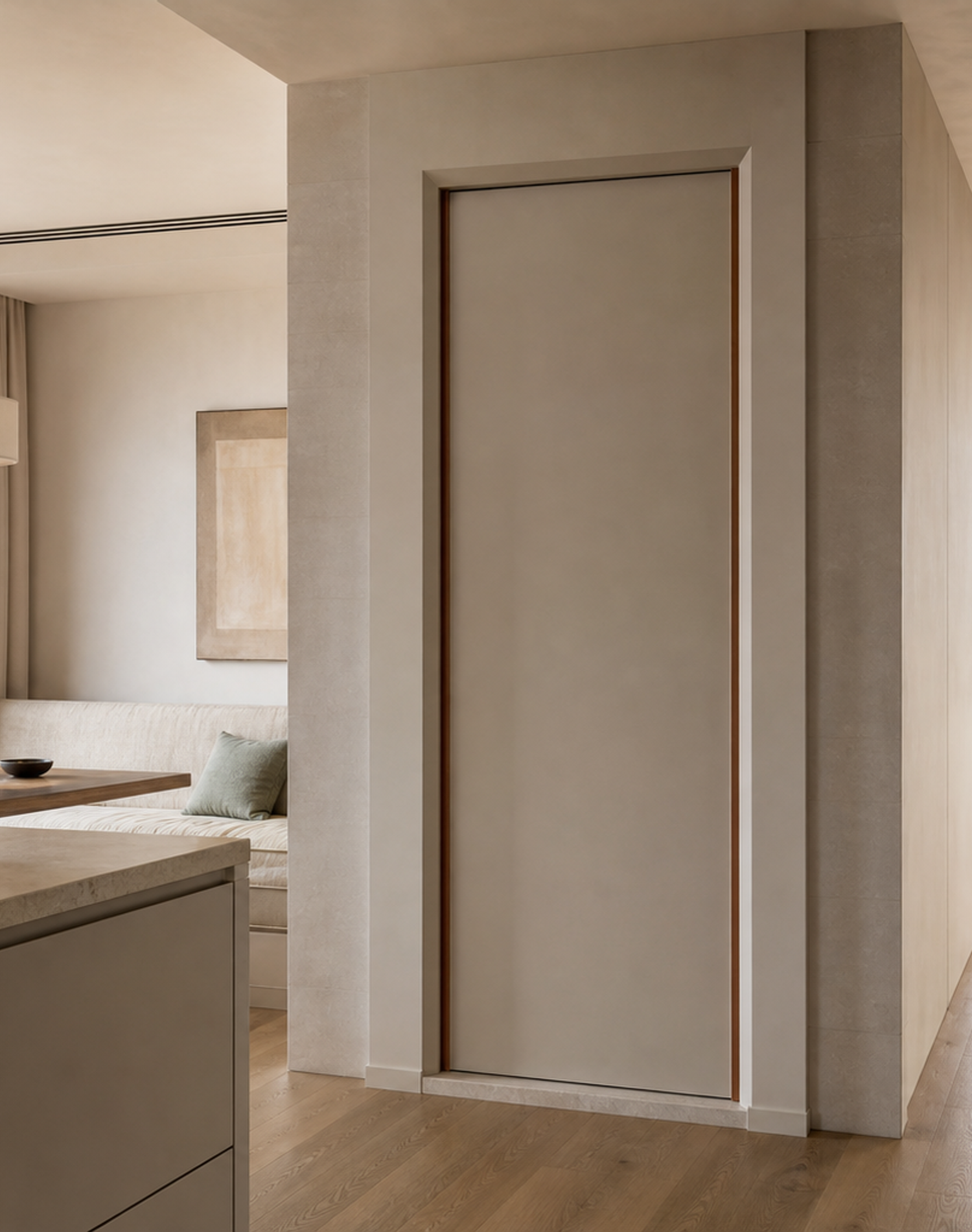 Fadior Alabaster Interior Door Suite with Chamfered Jamb Gallery Door — interior room context showing cabinet integration