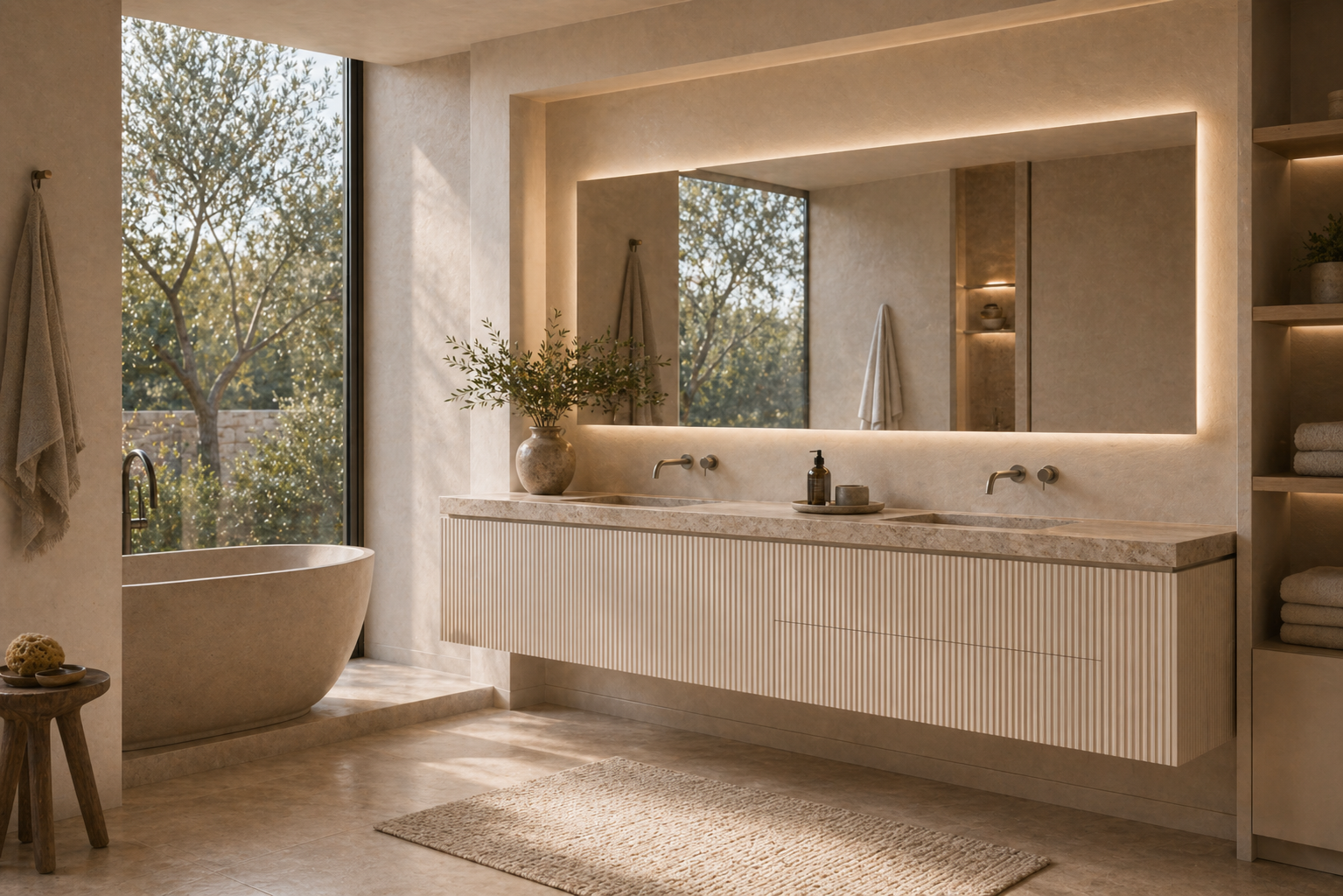 Fadior Ethereal Bath and Vanity Suite with Fluted Cloudlight Vanity Bay — lifestyle setting with natural light and residential styling