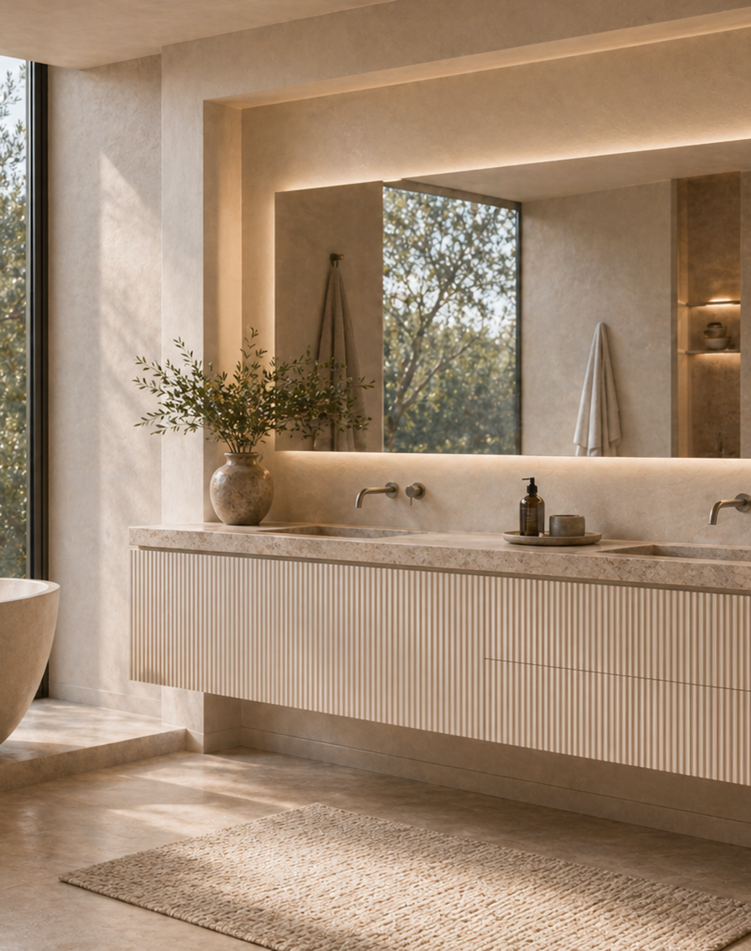 Fadior Ethereal Bath and Vanity Suite with Fluted Cloudlight Vanity Bay — lifestyle setting with natural light and residential styling