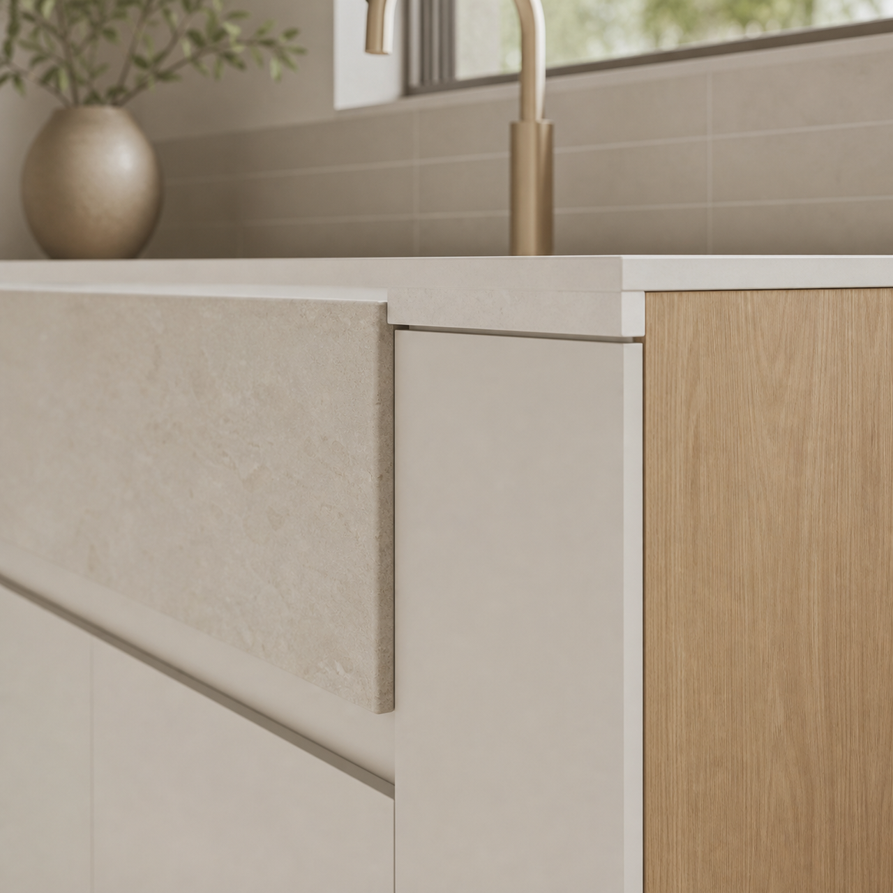 Fadior Solace Kitchen Suite with Apron Wash Prep Wall — close-up of stainless steel finish and hardware detail