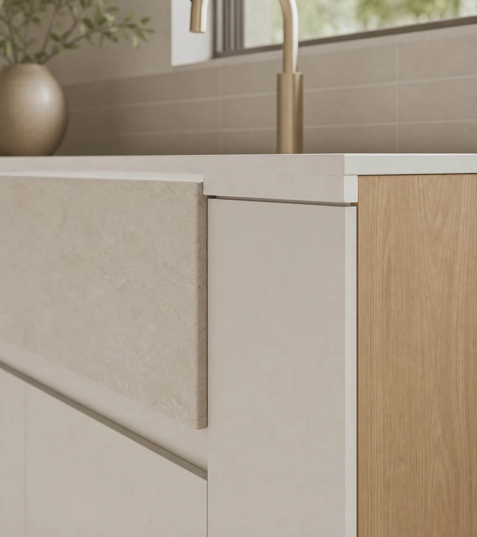 Suite de Cocina Solace con Pared de Lavado y Preparación con Delantal acabado y detalle