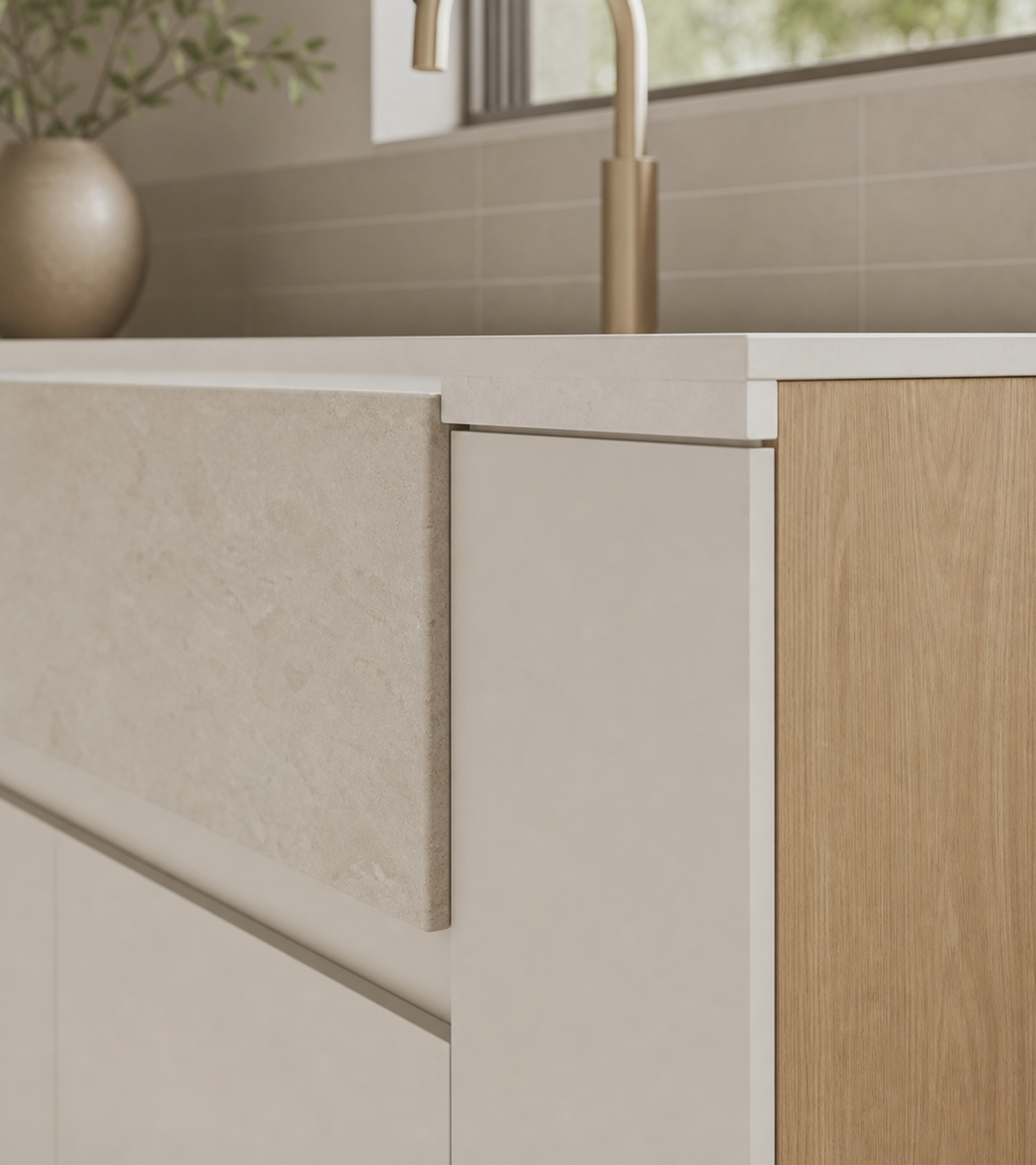 Fadior Solace Kitchen Suite with Apron Wash Prep Wall — close-up of stainless steel finish and hardware detail