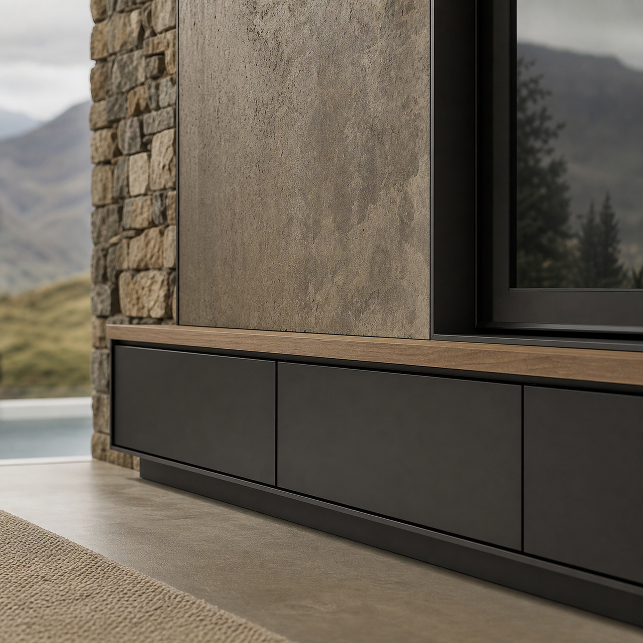 Fadior Zenith Living Room Suite with Charcoal Plinth Display Bay — close-up of stainless steel finish and hardware detail