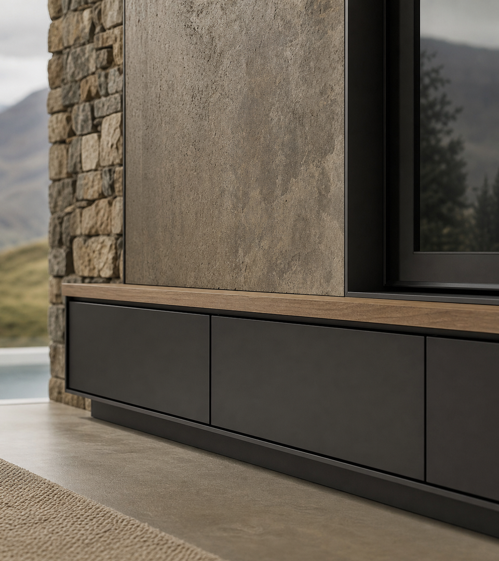 Fadior Zenith Living Room Suite with Charcoal Plinth Display Bay — close-up of stainless steel finish and hardware detail