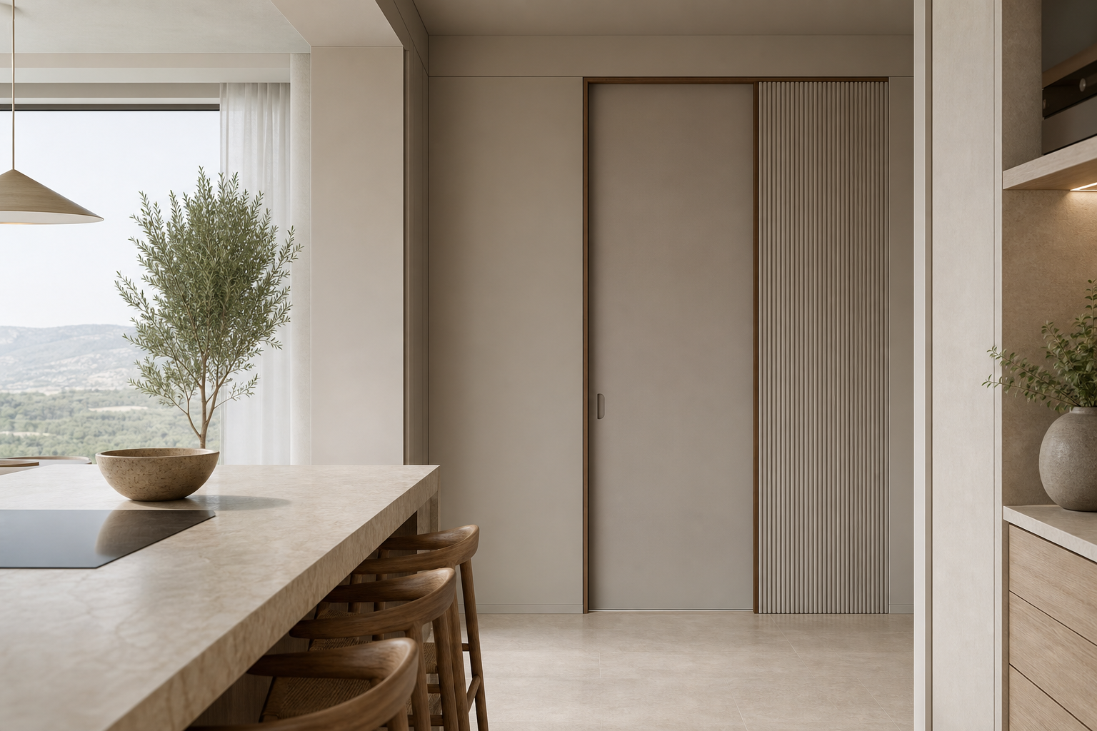 Fadior Alabaster Interior Door Suite with Pearl Reeded Pocket Door — interior room context showing cabinet integration