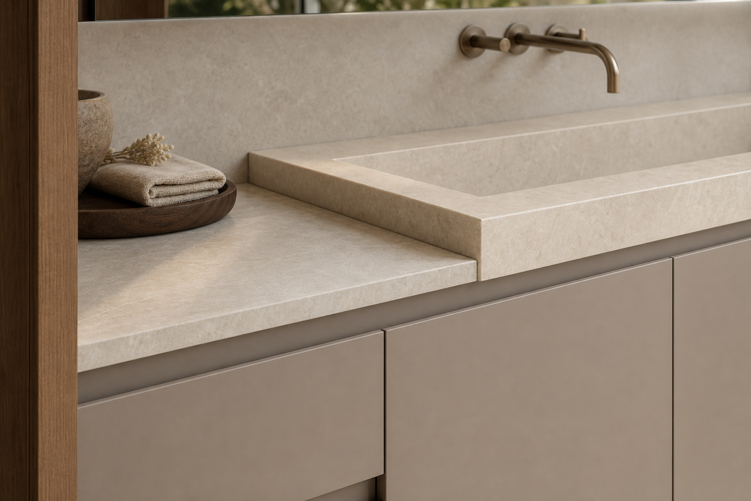 Fadior Solstice Bath and Vanity Suite with Warm Grey Basin Niche — close-up of stainless steel finish and hardware detail