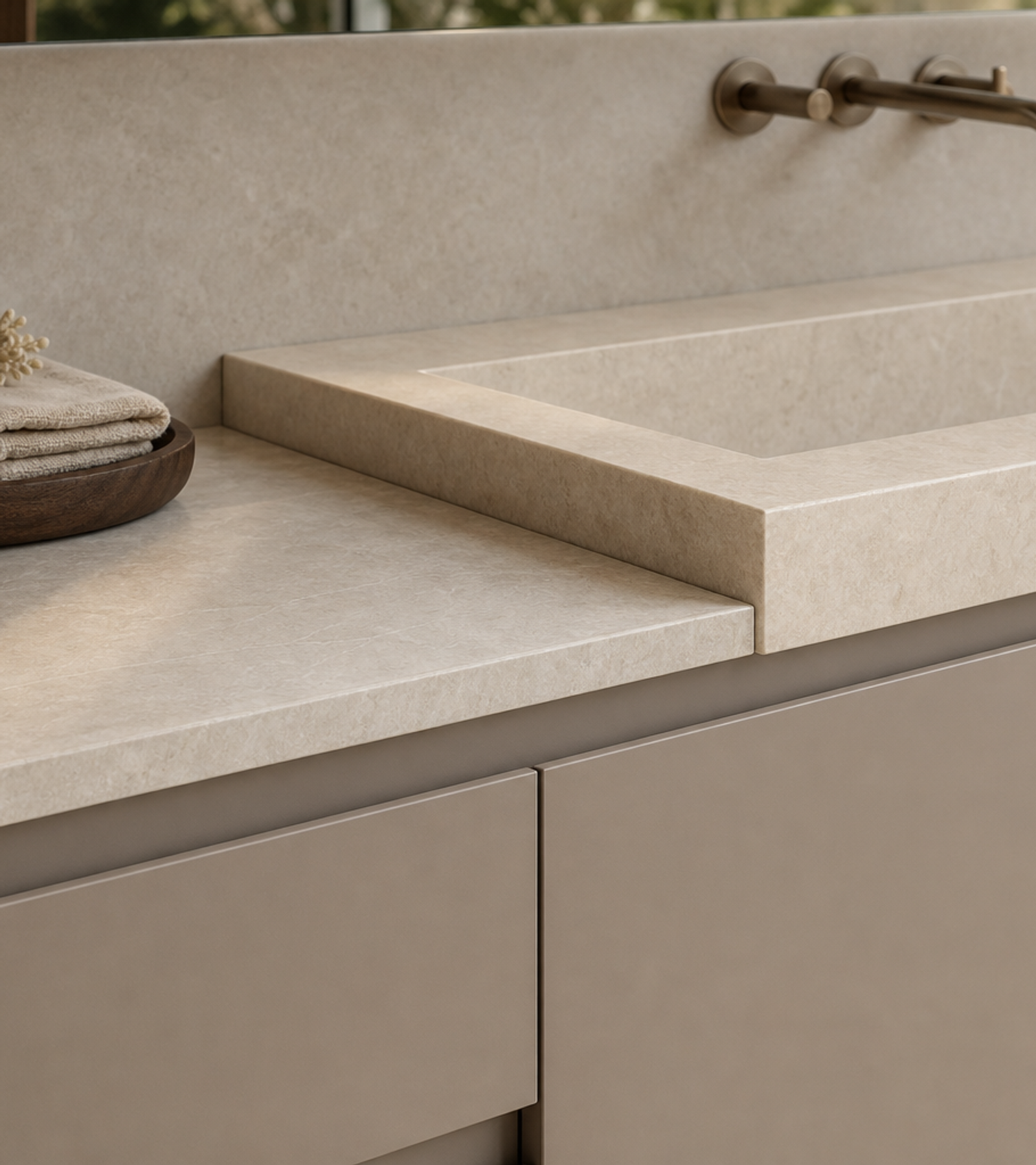 Fadior Solstice Bath and Vanity Suite with Warm Grey Basin Niche — close-up of stainless steel finish and hardware detail