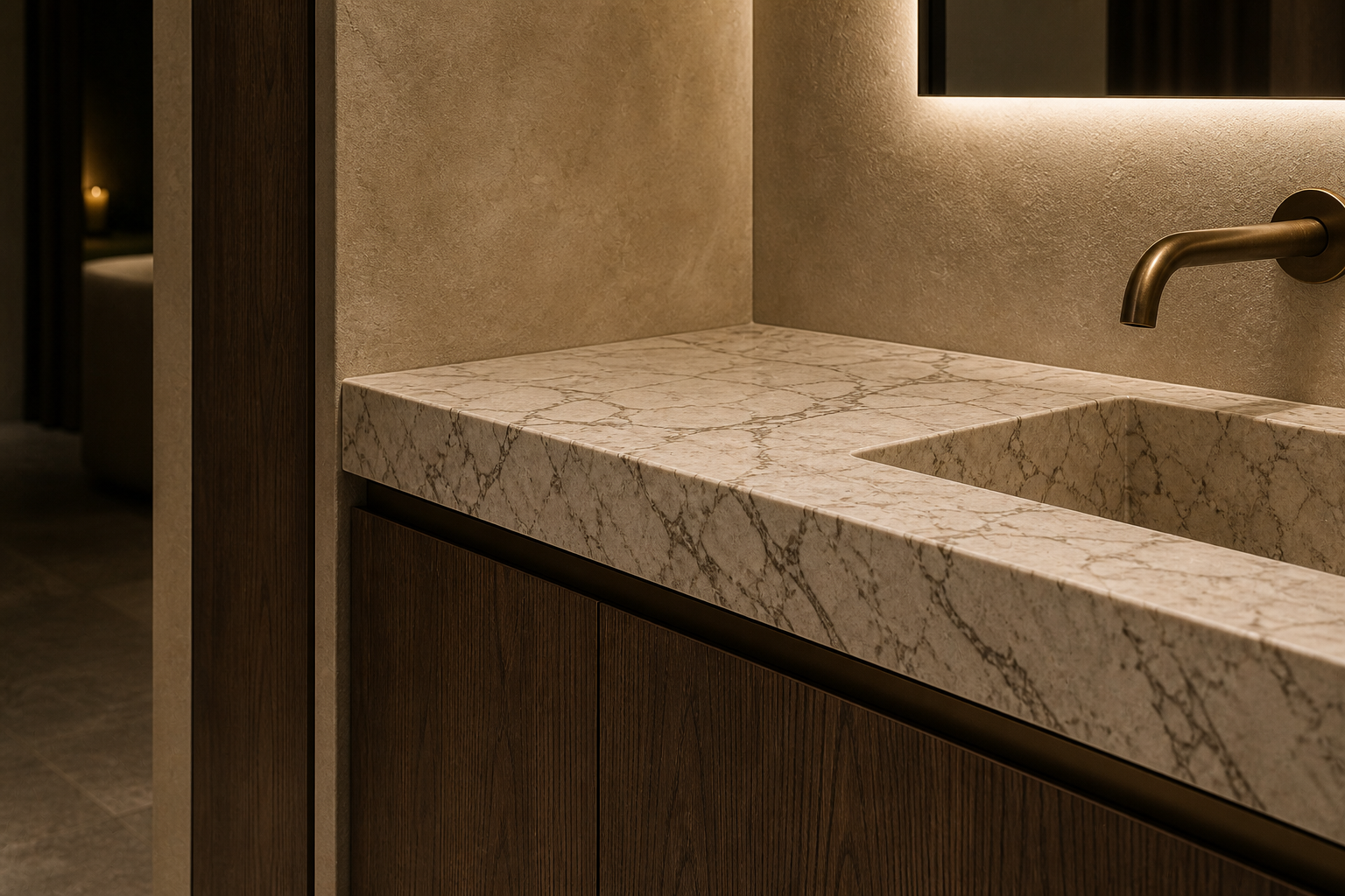 Fadior Ethereal Bath and Vanity Suite with Full-Thickness Vein Wash Alcove — close-up of stainless steel finish and hardware