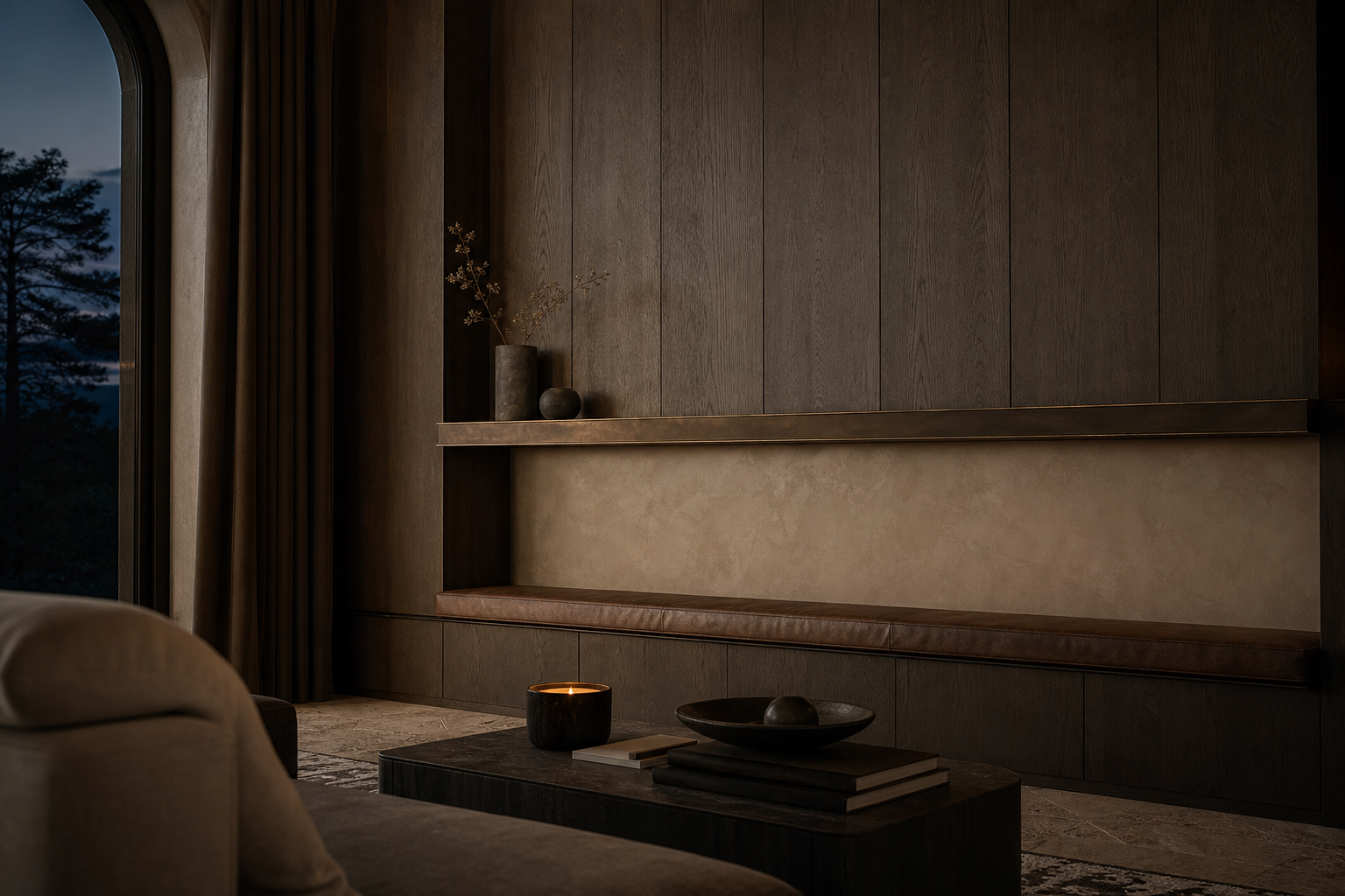 Fadior Patina Living Room Suite with Bronze Datum Media Alcove — lifestyle setting with natural light and residential styling