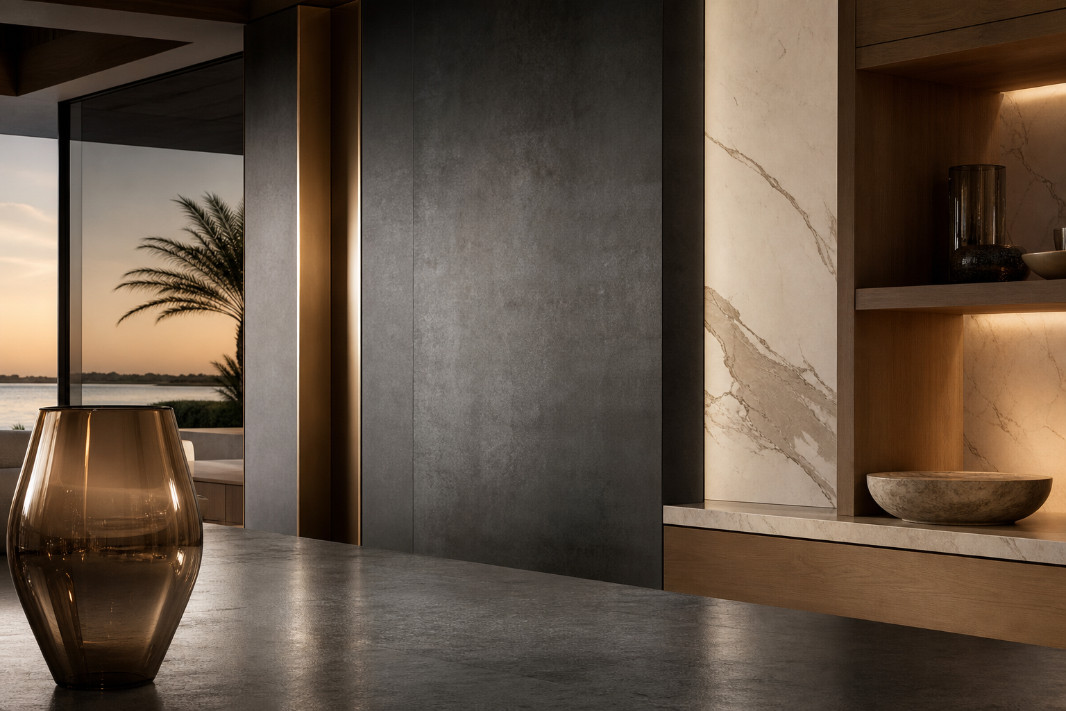Kitchen material study with charcoal wall, oak shelving, and cream stone for surface decisions.
